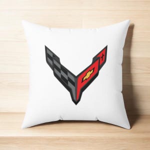 Corvette C8 Throw Pillow, Home Accessories, Mancave Decor, Man Cave, Square Pillow, Polyester, Couch and Bedding, C8 Logo, C8 Emblem