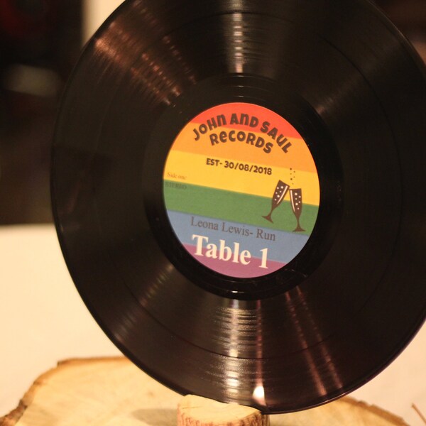 custom wedding 12" vinyl record table numbers rainbow gay lesbian LGBTQ wedding retro music rock vintage wedding
