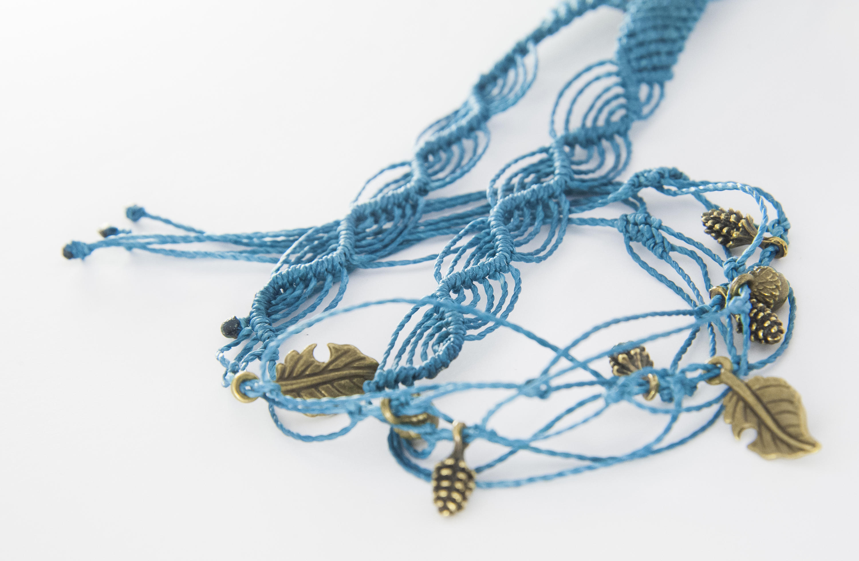 Handmade Macrame Anklet With a Toe Ring and Brass Charms / Turquoise