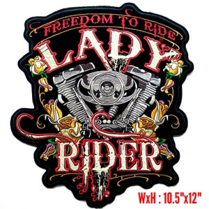 Large 10.5&quot;x12&quot; Lady Rider Freedom to Ride Harley Davidson Motorcycle HOGS MC Biker Club Embroidery Iron On Vest Jacket Patch