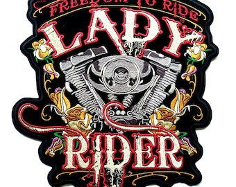 Lady Rider Motorcycle Patch, Freedom to Ride Embroidery (10.5"x12")