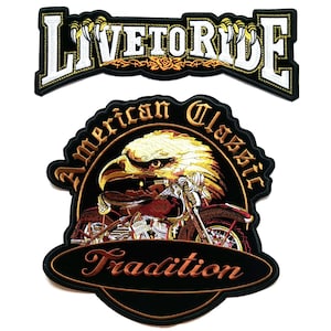 May include: Embroidered patch featuring a motorcycle and eagle design. The patch is black with gold and brown accents. The text "American Classic Tradition" is written in a gold script font.