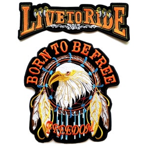 LARGE 2Pcs Set Live To Ride + Born to be Free Freedom Eagle Harley Davidson MC Biker Iron On Vest Jacket Embroidery Patch