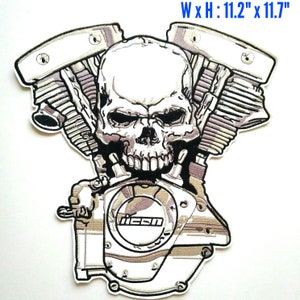 Extra Large Cafe Racer Skull Two Piston Harley Davidson Motorcycle Club PU Leather Iron On Vest Jacket Patch