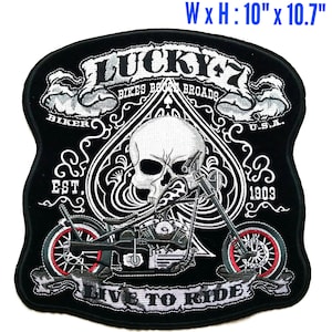 Extra Large 10x10.7 inch Lucky 7 Spade Live to Ride Skull Biker Harley Davidson Iron On Vest Jacket Patch