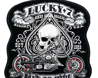 Lucky 7 Spade Skull Biker Patch - Live to Ride, Iron On (10x10.7 inch)
