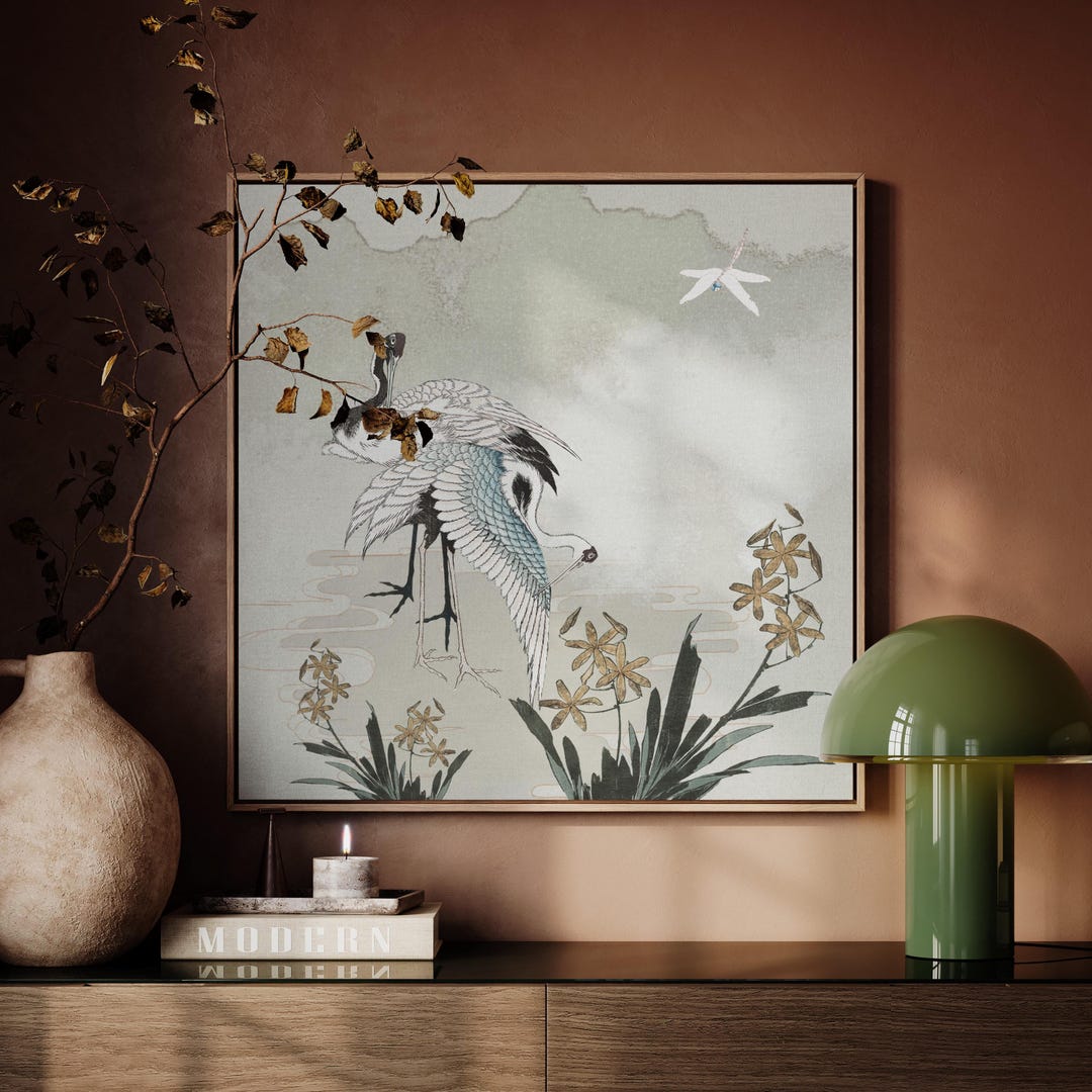 Japanese Cranes Canvas / Framed Square Japandi Wall Art / Vintage Mid ...