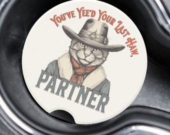 Wild West Cat Soapstone Car Coaster, Western Vibes, Auto Coaster, Western Cat Coaster, Cowboy, Cat Lover Gift, Cowgirl, Meowdy Partner