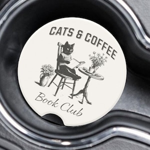 Cats & Coffee Book Club Soapstone Car Coaster, Black Cat Gift, Cat Lady Gifts,  Cute Bookish Cat, Gift for Coffee, Cat, and Book Lovers