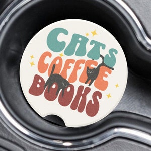 Cats Coffee and Books Soapstone Car Coaster, Car Cup Holder, Cat Lover, Book Lover, Coffee Drinker, Bookworm Gifts, Bookish Cats, Cat Lady