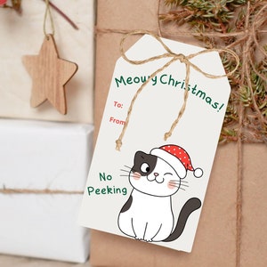 Printable Meowy Christmas Cat Gift Tags, Christmas Tags with Cats, Happy Holidays Hang Tags, Cute Cat Gift Wrapping, No Peeking Present Tag