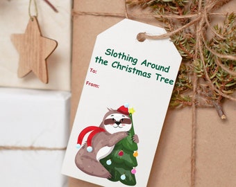 May include: Gift-wrapped presents with decorative accents. One gift has a wooden star and red berries. A tag reads "Slothing Around the Christmas Tree" with a sloth hugging a Christmas tree. The gifts are wrapped in brown and white paper.