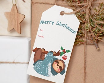 May include: Gift tags with a sloth illustration and the text "Merry Slothmas!" are attached to wrapped presents. The gifts are wrapped in brown and white paper, decorated with twine, sprigs, and a wooden star.