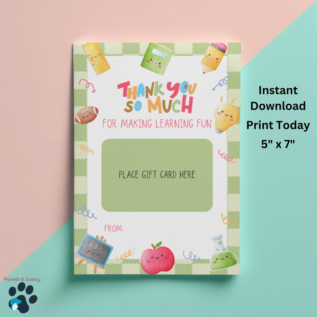 Printable Teacher Thank You Gift Card Holder, End of School Year ...