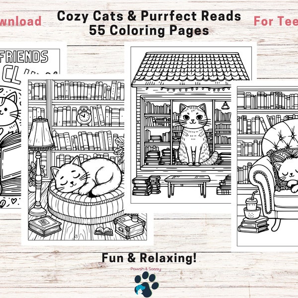 Printable Cats with Books Coloring Pages, Relaxation, Cute Kittens, Cat Coloring Book for Teens and Adults, Grown Up, 55 Printable Images