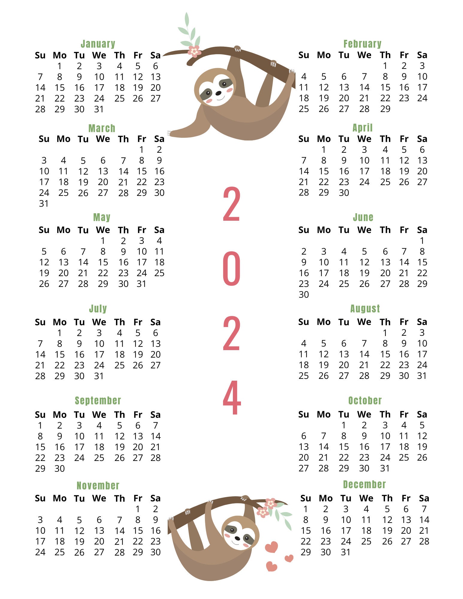 2024 Printable Sloth Yearly Calendar Annual Calendar 2024 Etsy Australia