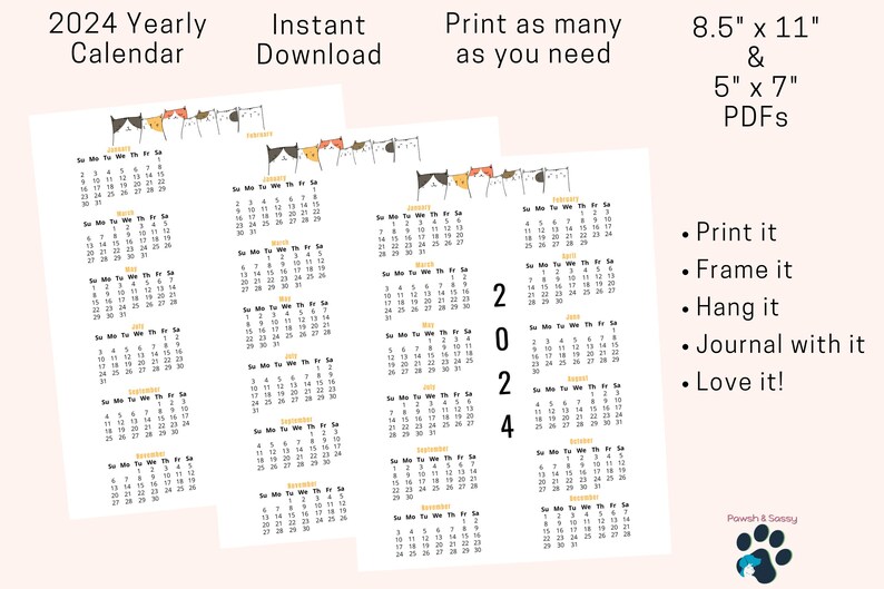 2024 Printable Yearly Calendar Cat Themed Calendar 2024 Etsy