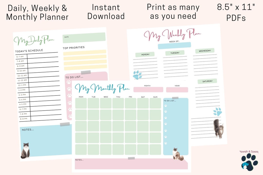 8.5" X 11" Daily, Weekly & Monthly Printable Planner Pages With Cats ...