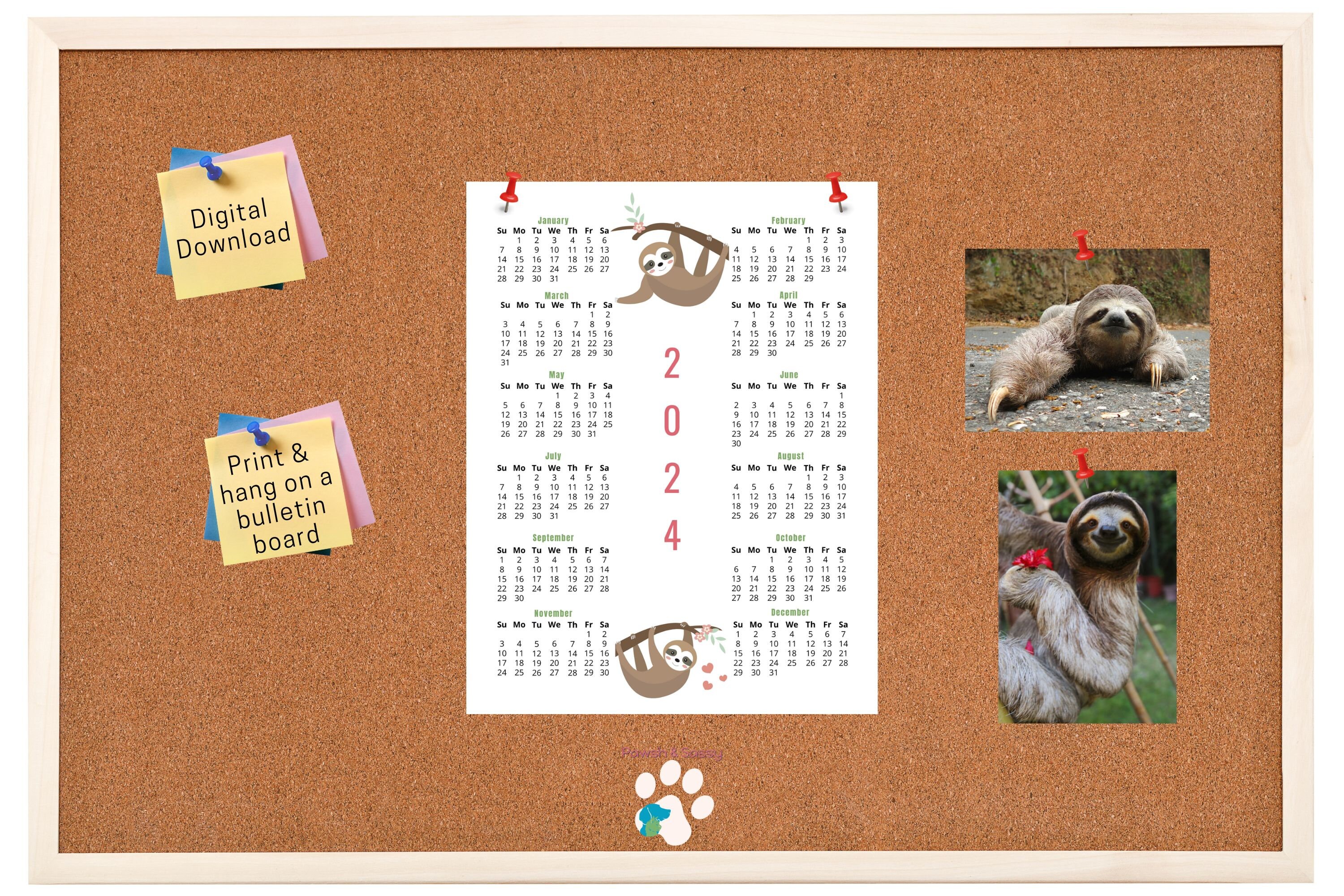 2024 Printable Sloth Yearly Calendar Annual Calendar 2024 Etsy Australia