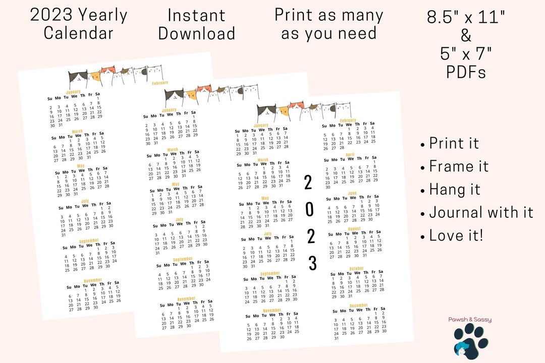 2023 Printable Yearly Calendar Cat Themed Calendar 2023 - Etsy