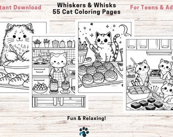 Printable Cat Coloring Pages, Adult Coloring Book, Cats Baking, Relaxation, Cute Kittens, Cat Coloring Book for Teens, 55 Printable Images