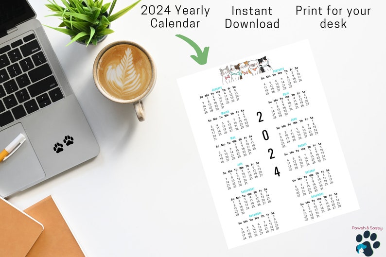 2024 Cute Cats Printable Yearly Calendar Cat Calendar 2024 Etsy México