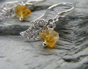 Sterling Silver Leaf Earrings: Raw Citrine November Birthstone