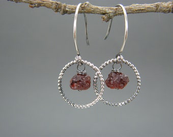 Raw garnet earrings ~ Garnet dangle earrings ~ Hoop earrings ~ Sterling silver garnet earrings ~ January birthstone gift for women, earrings