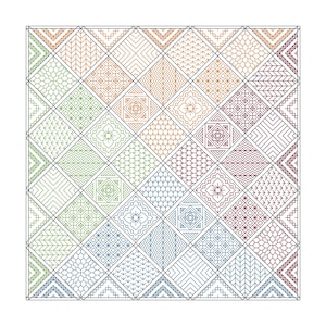 May include: A colourful quilt pattern featuring a range of geometric designs in shades of green, blue, red, and orange. The pattern is made up of small squares arranged in a grid.