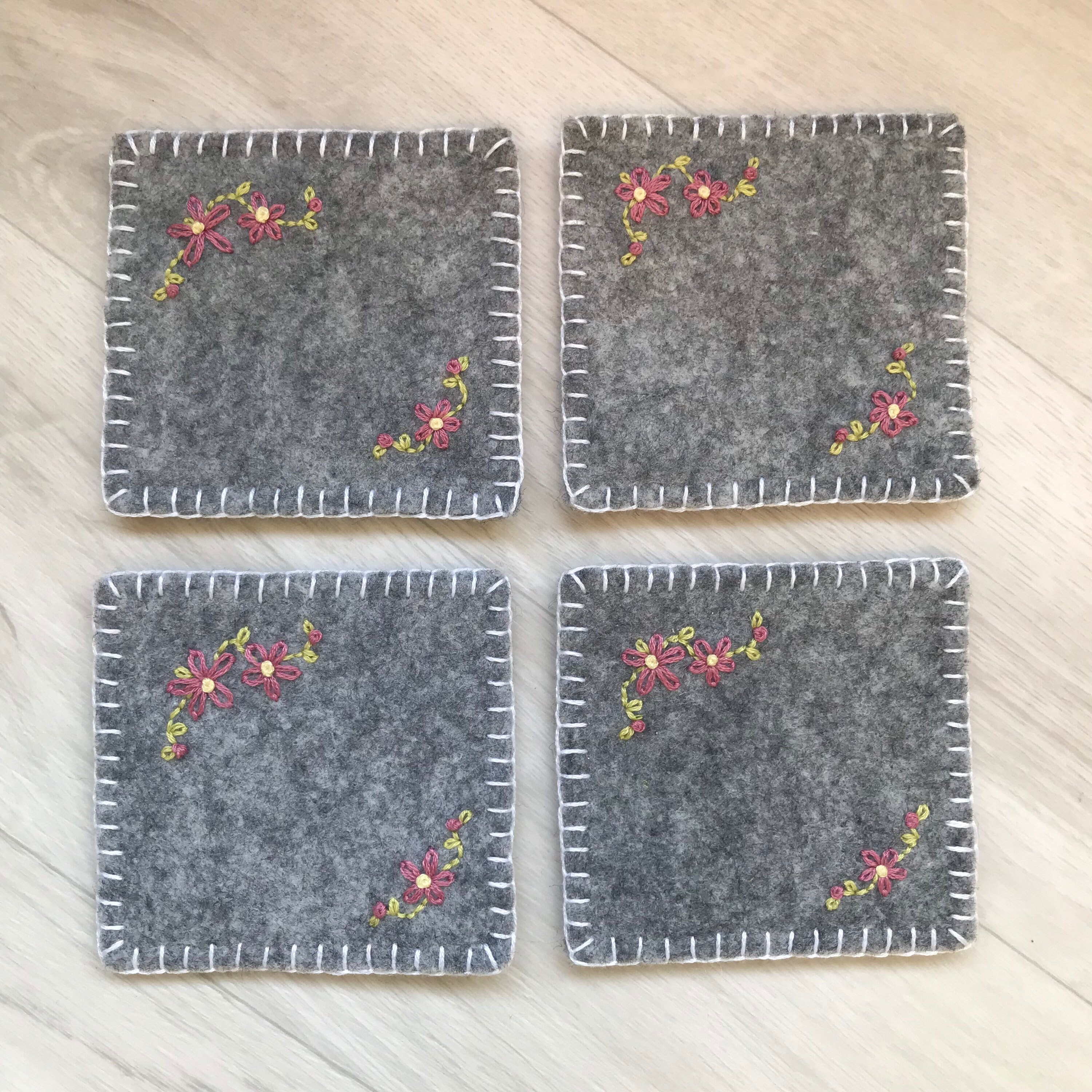 Set of 4 Grey Felt Coasters Four Hand Embroidered Coasters Etsy UK