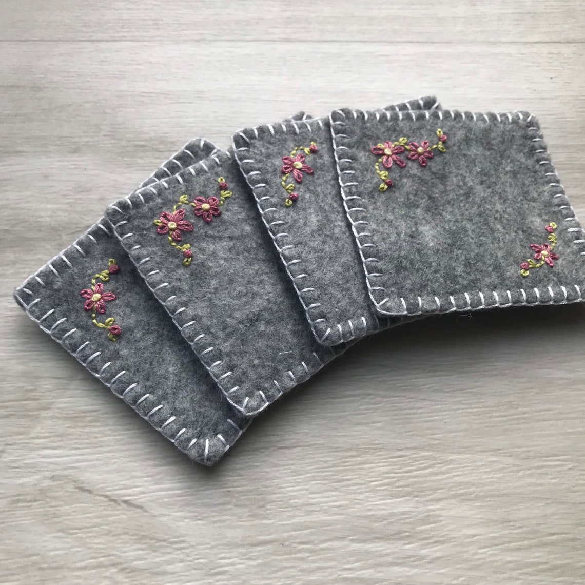 Set of 4 Grey Felt Coasters Four Hand Embroidered Coasters Etsy UK