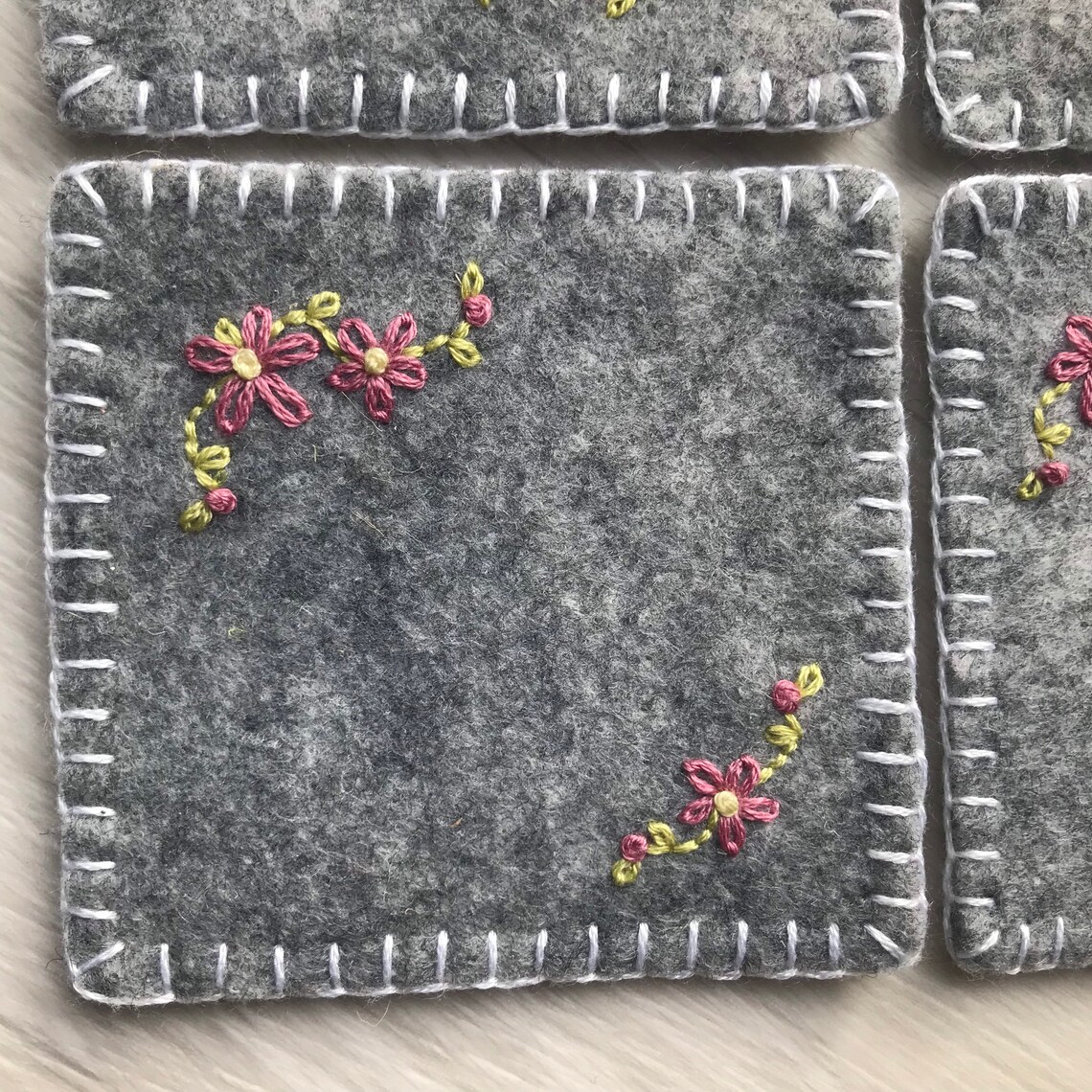 Set of 4 Grey Felt Coasters Four Hand Embroidered Coasters Etsy UK