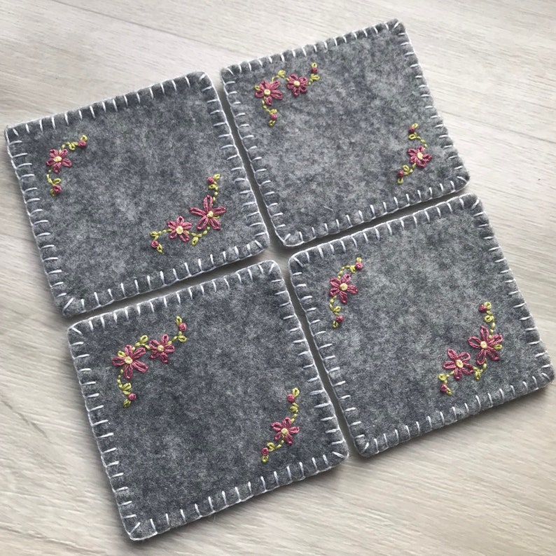Set of 4 Grey Felt Coasters Four Hand Embroidered Coasters Etsy UK