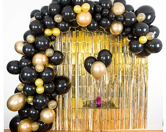 Kit arco e ghirlanda di palloncini neri e oro con coriandoli e tende di frange / Decorazioni per feste di compleanno, laurea e addio al nubilato/celibato per marito e fidanzato