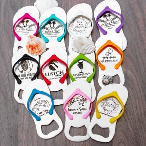 Stainless steel engraved custom flip flop bottle openers personalized wedding favors bottle opener favors for destination Hawaii beach wedding birthday favors in organza bag or gift box quinceneara, wedding hashtag, business keychain qr code card