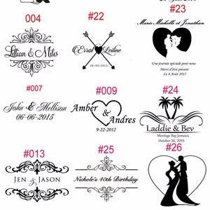 K&ouml;nnte beinhalten: Eine Sammlung von 10 verschiedenen Stempeldesigns f&uuml;r Hochzeiten und Jubil&auml;en. Jedes Design verf&uuml;gt &uuml;ber eine einzigartige Grafik und einen Text, einschlie&szlig;lich Namen und Daten. Die Stempel sind mit den Nummern 19, 20, 21, 004, 22, 23, 007, 009, 013, 25, 27, 28, 24, 26 und 29 versehen.