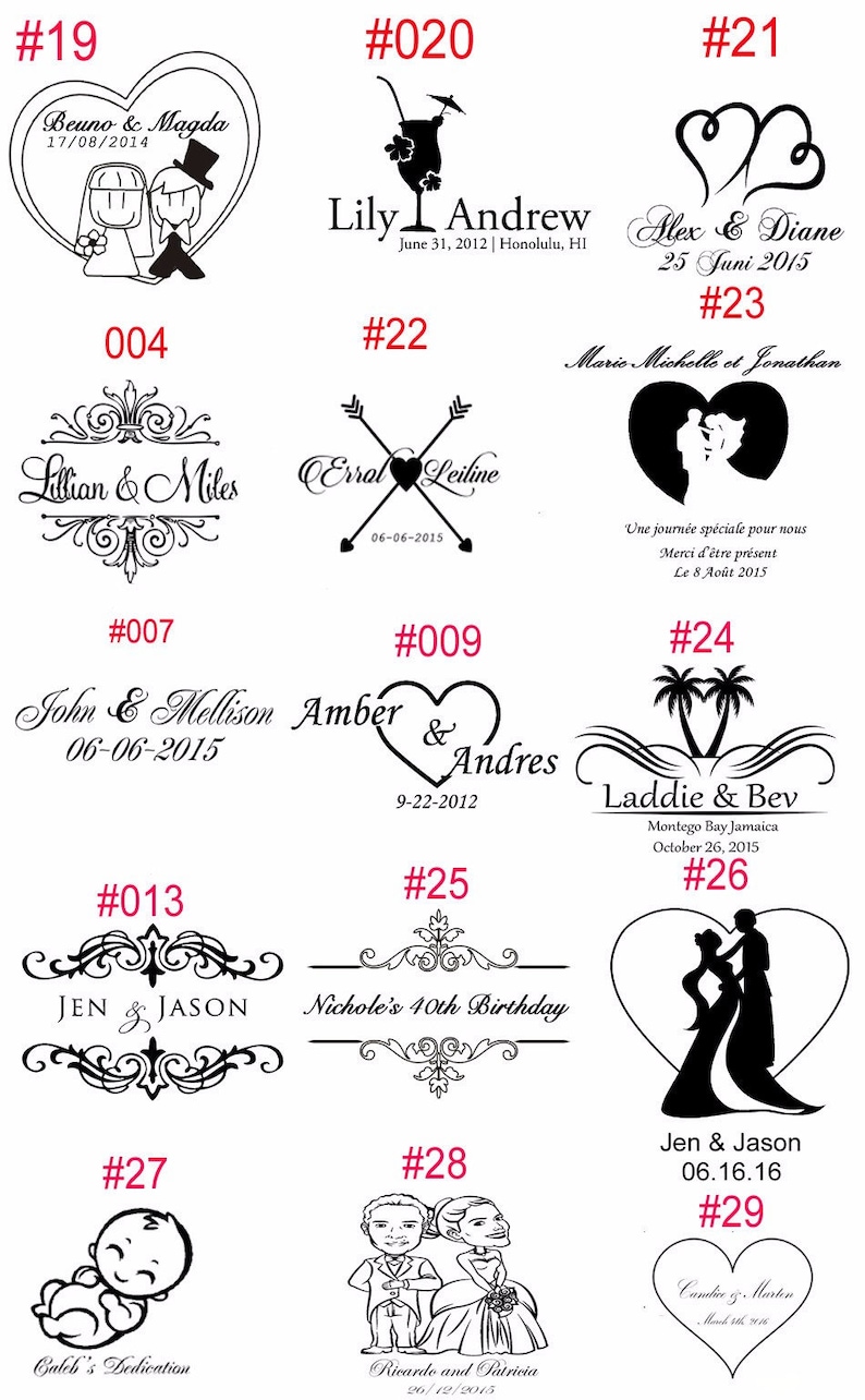 K&ouml;nnte beinhalten: Eine Sammlung von 10 verschiedenen Stempeldesigns f&uuml;r Hochzeiten und Jubil&auml;en. Jedes Design verf&uuml;gt &uuml;ber eine einzigartige Grafik und einen Text, einschlie&szlig;lich Namen und Daten. Die Stempel sind mit den Nummern 19, 20, 21, 004, 22, 23, 007, 009, 013, 25, 27, 28, 24, 26 und 29 versehen.