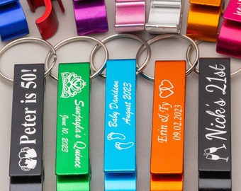 Bulk Engraved Custom Keychains Bottle Opener. Wedding Favors, Quinceanera, Bridal Baby Shower, Beer Openers. Personalized Keychains Reunion
