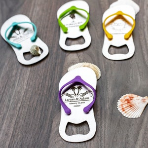 Engraved Custom Flip Flop Bottle Openers Personalized Wedding Favors Bottle Opener Favors Destination Hawaii Beach Wedding Favors in organza bag or gift box