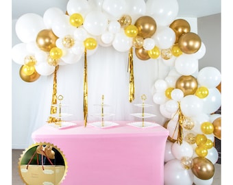 White and Gold Graduation Balloon Arch and Garland Kit with Gold Fringe Curtains | Christening, Baptism, Party Decorations, Shower Birthday