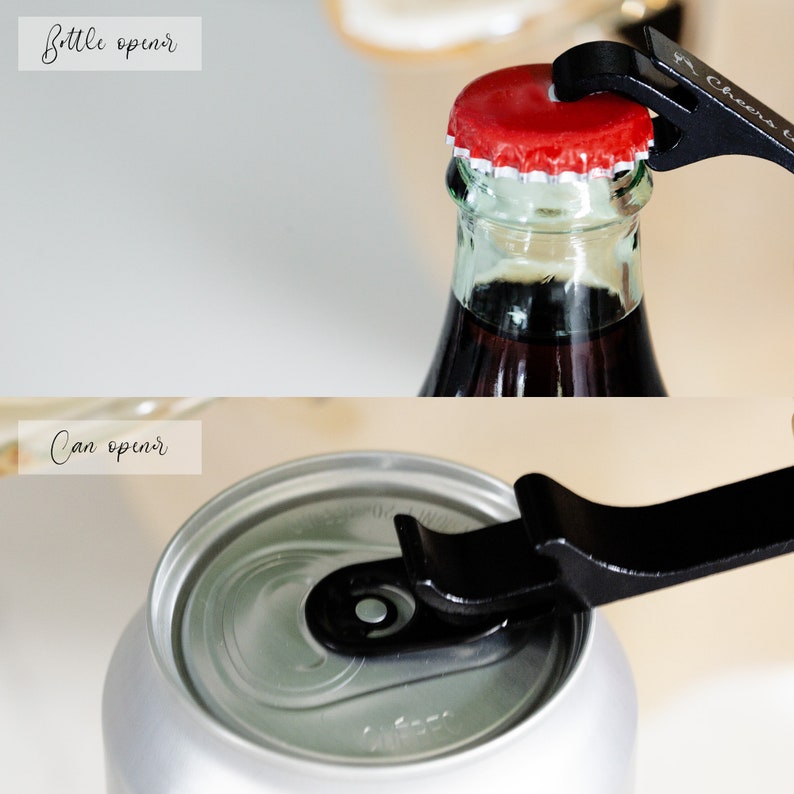 May include: A black multi-tool with a bottle opener and a can opener. The bottle opener is being used to open a bottle of soda with a red cap. The can opener is being used to open a silver can.
