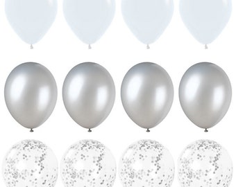 White and Silver Balloon Bouquet | Confetti Balloons | Wedding Balloons Birthday | Bridal Shower Party Winter Wonderland Christmas