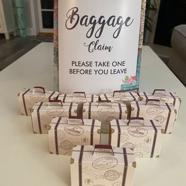 25 Vintage Airplane Suitcase Favor Boxes Bridal Shower Favors Destination Wedding Travel Theme Baby Shower Graduation with BLANK Tags image 4