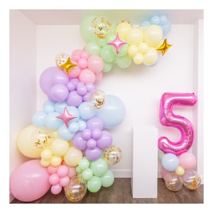 16-Foot DIY Pastel Unicorn Balloon Garland and Arch Kit with Gold Confetti and No. 5 Balloon, 5th Birthday Party Girls Decorations