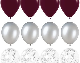 Rich Burgundy and Silver Balloon Bouquet | Confetti Balloons | Wedding Balloons Birthday | Bridal Shower Balloons | Party Balloons