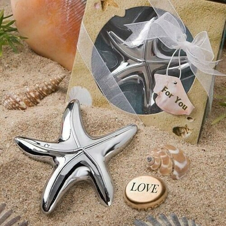 starfish beach wedding bottle opener. ships in 1 day. coconut palm tree beach favor, hawaiian, tropical, jamaica, barbados travel theme destination wedding favors. summer wedding gifts. bridesmaids bridal shower favors. beer gifts. beer opener