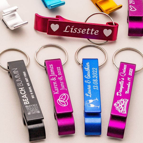 Llaveros personalizados grabados a granel con abrebotellas. Recuerdos de boda, quinceañera, baby shower nupcial, abridores de cerveza. Llaveros personalizados para reuniones