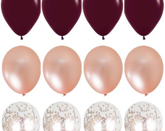 Rich Burgundy and Rose Gold Balloon Bouquet Confetti Balloons Wedding Balloons Birthday Bridal Shower Balloons | Party Balloons