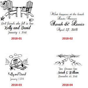 K&ouml;nnte beinhalten: Vier schwarz-wei&szlig;e Illustrationen von Designs zum Thema Hochzeit. Das erste Bild zeigt zwei Strandst&uuml;hle mit einem Seestern und einer Muschel. Der Text lautet "Best friends who fell in love Kelly and David January 1, 2018 2018-01". Das zweite Bild zeigt eine Strandszene mit dem Text "What happens at the beach Lasts Forever Sarah & Louis April 27, 2018 2018-02". Das dritte Bild zeigt ein Auto mit einem Schild "Just Married". Der Text lautet "Kelly and David January 1, 2018 2018-03". Das vierte Bild zeigt Fu&szlig;abdr&uuml;cke im Sand mit dem Text "Two Become One Sarah & William November 10, 2018 2018-04".