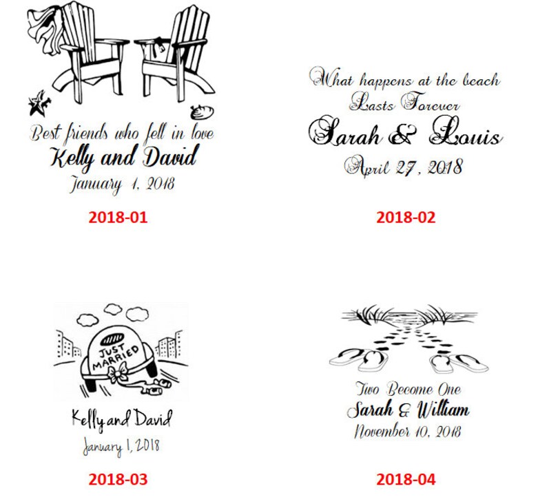 K&ouml;nnte beinhalten: Vier schwarz-wei&szlig;e Illustrationen von Designs zum Thema Hochzeit. Das erste Bild zeigt zwei Strandst&uuml;hle mit einem Seestern und einer Muschel. Der Text lautet "Best friends who fell in love Kelly and David January 1, 2018 2018-01". Das zweite Bild zeigt eine Strandszene mit dem Text "What happens at the beach Lasts Forever Sarah & Louis April 27, 2018 2018-02". Das dritte Bild zeigt ein Auto mit einem Schild "Just Married". Der Text lautet "Kelly and David January 1, 2018 2018-03". Das vierte Bild zeigt Fu&szlig;abdr&uuml;cke im Sand mit dem Text "Two Become One Sarah & William November 10, 2018 2018-04".